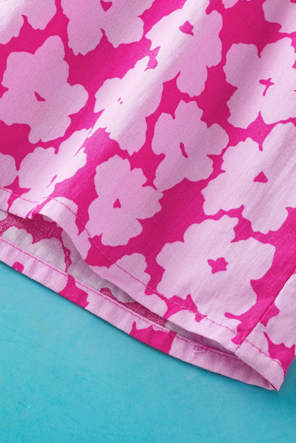 image-Pink Floral Ruffle Sleeve Blouse - Layered Contrast Ric Rac