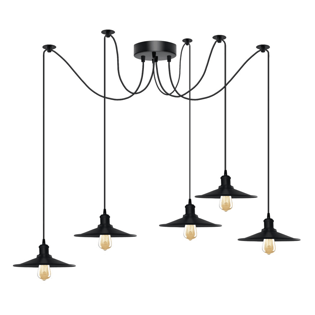 image-Black Vintage 5 Head Cone shaped shade Ceiling Pendant Light Fitting with Adjustable Cord Hanging Light Fixture