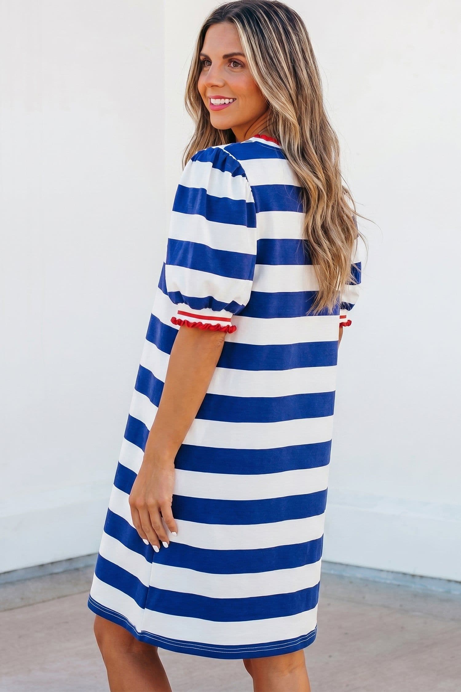 image-Blue Stripe Contrast Trim Mini Dress Puff Sleeve