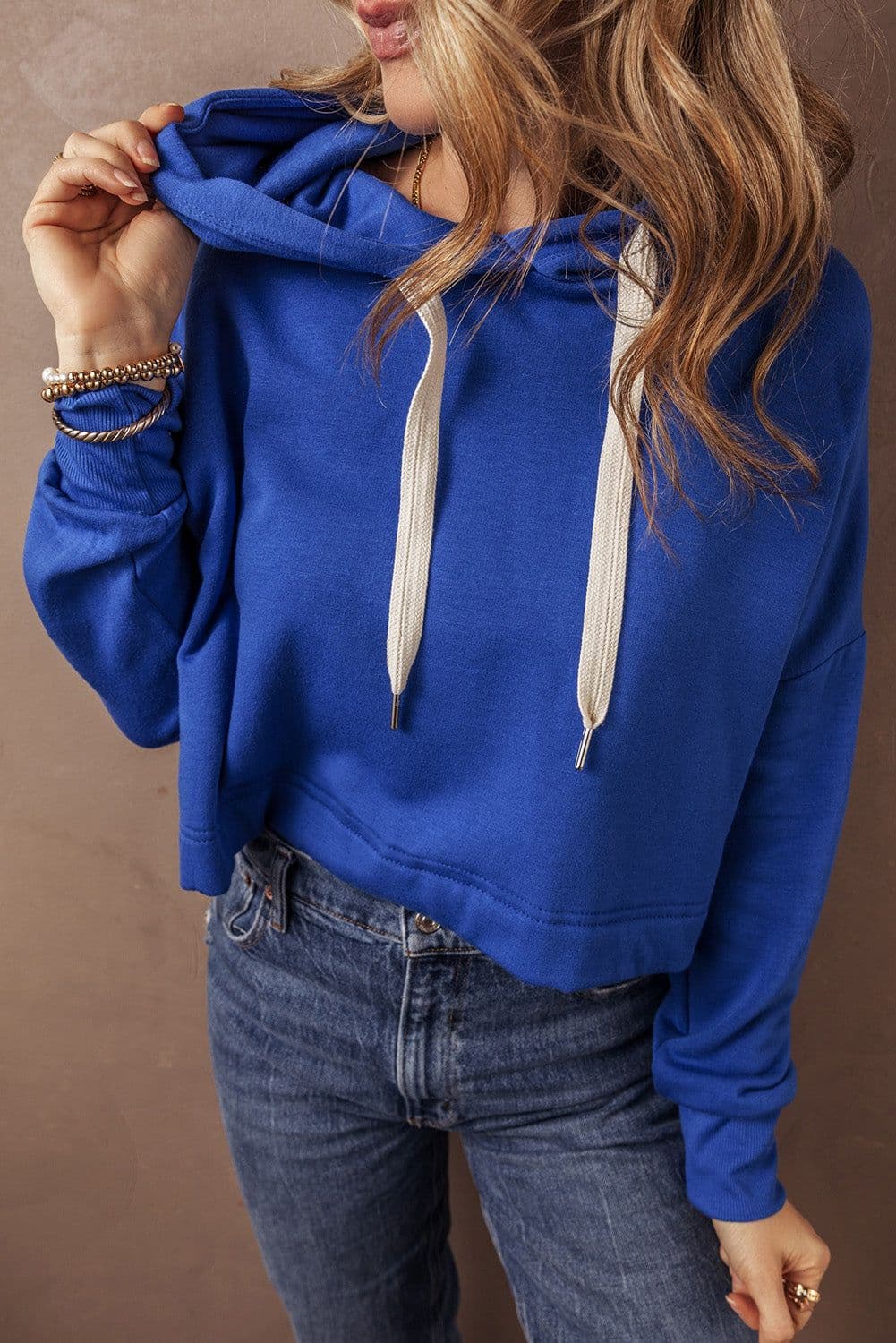 image-Dark Blue Cropped Hoodie Drop Shoulder Drawstring