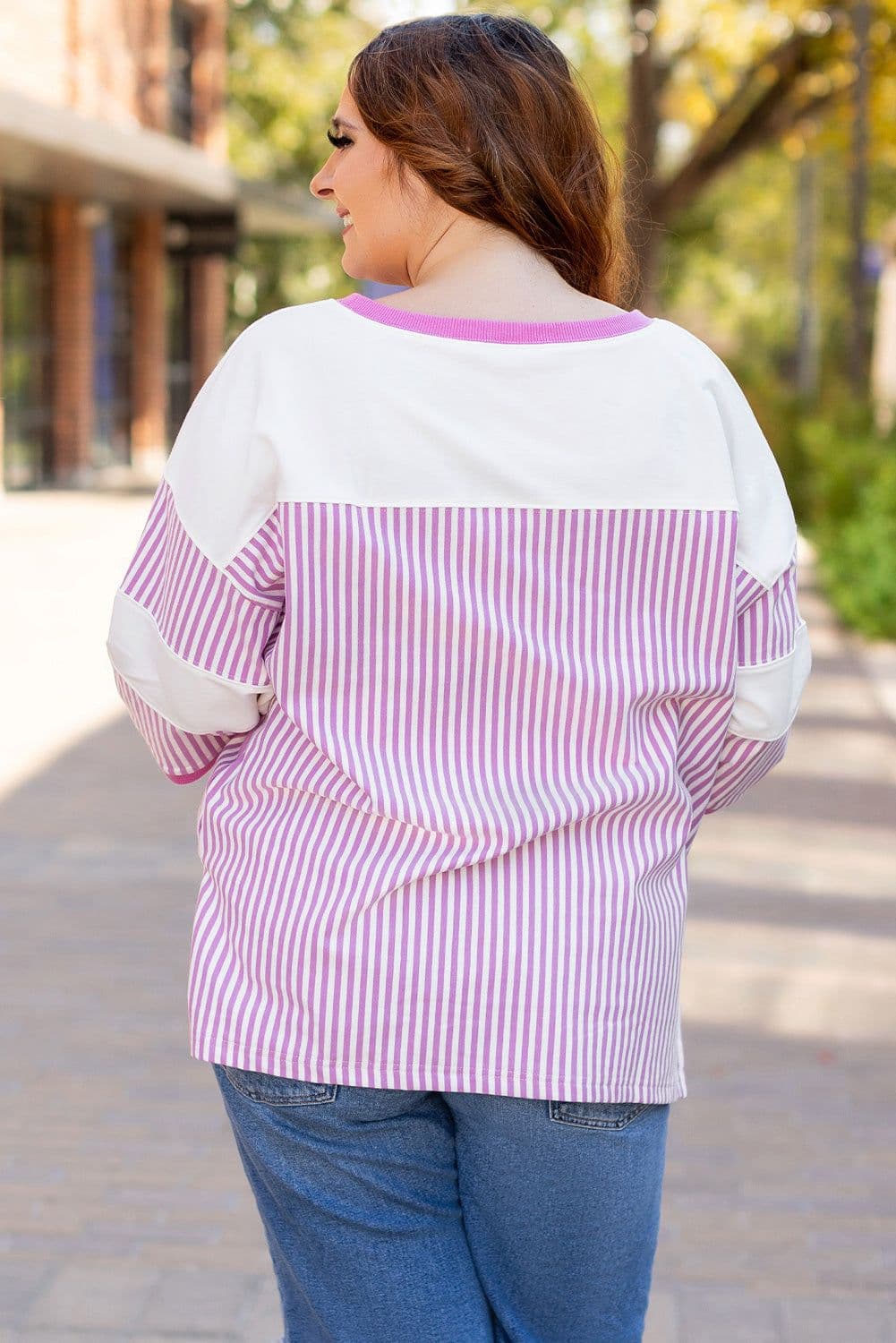 image-Pink Stripe Patchwork Plus Size T-Shirt