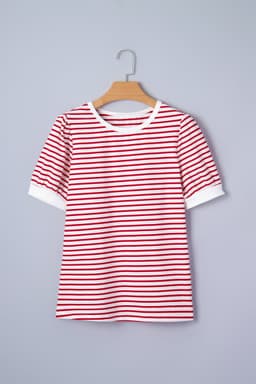 image-Red Stripe Contrast Trim Round Neck Short Puff Sleeve T Shirt