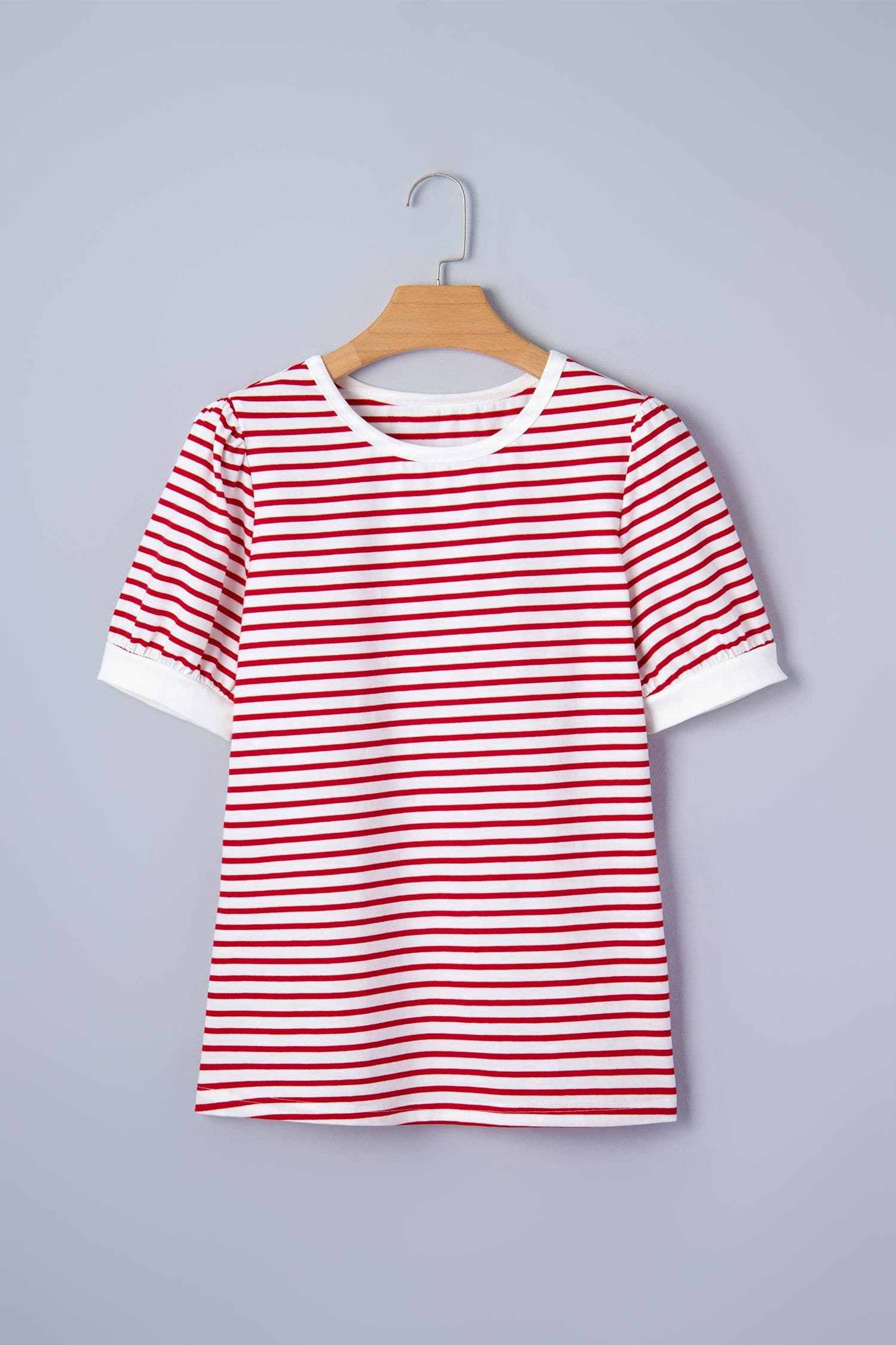 image-Red Stripe Contrast Trim Round Neck Short Puff Sleeve T Shirt