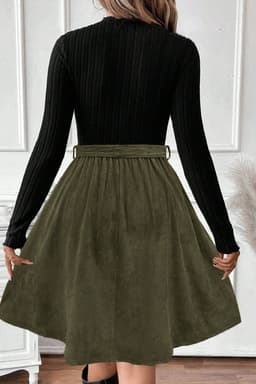 image-Black Ribbed Knit Flared Dress with Belt