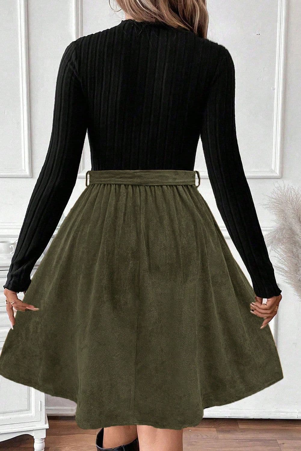 image-Black Ribbed Knit Flared Dress with Belt