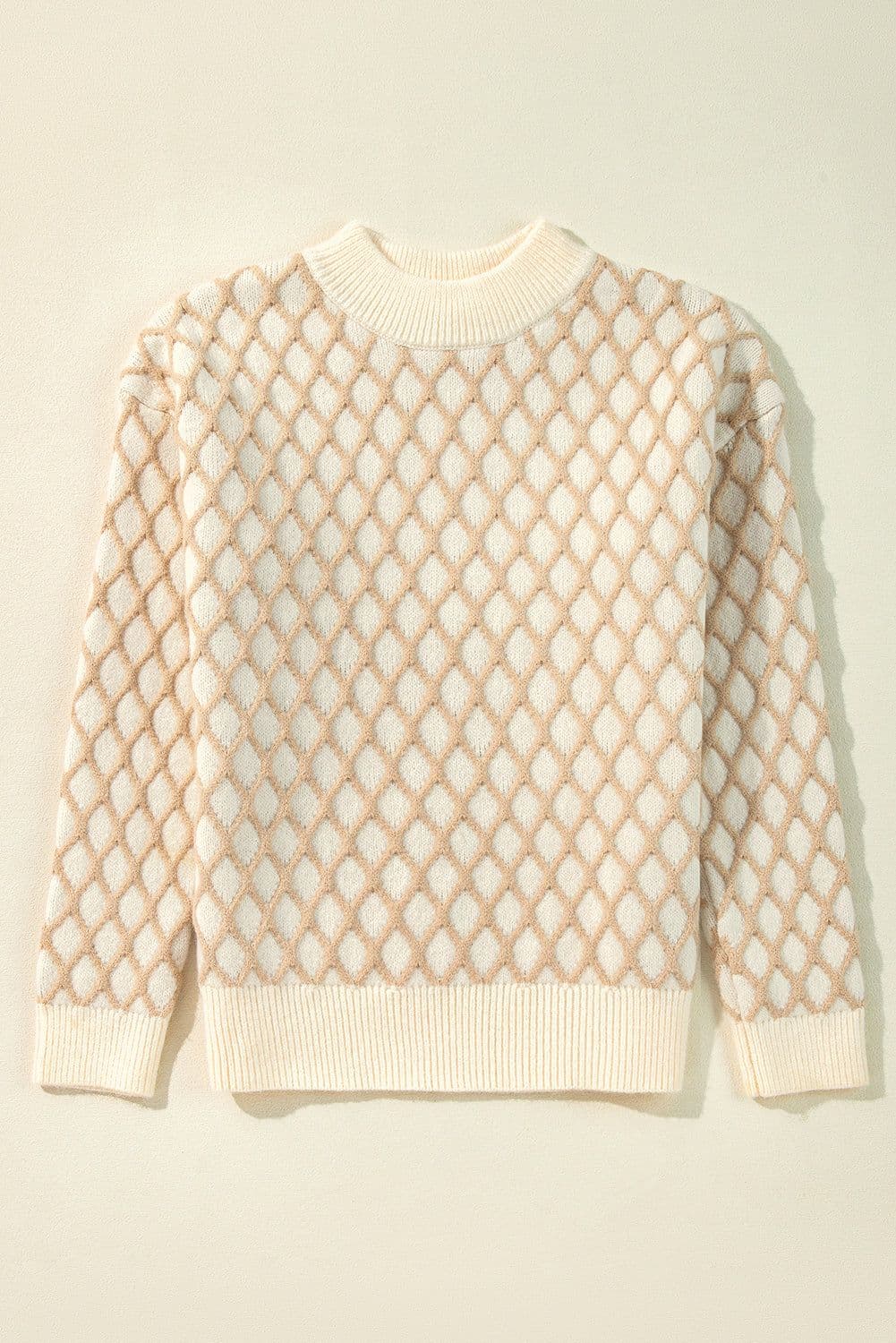 image-Oatmeal Diamond Knit Drop Shoulder Loose Sweater