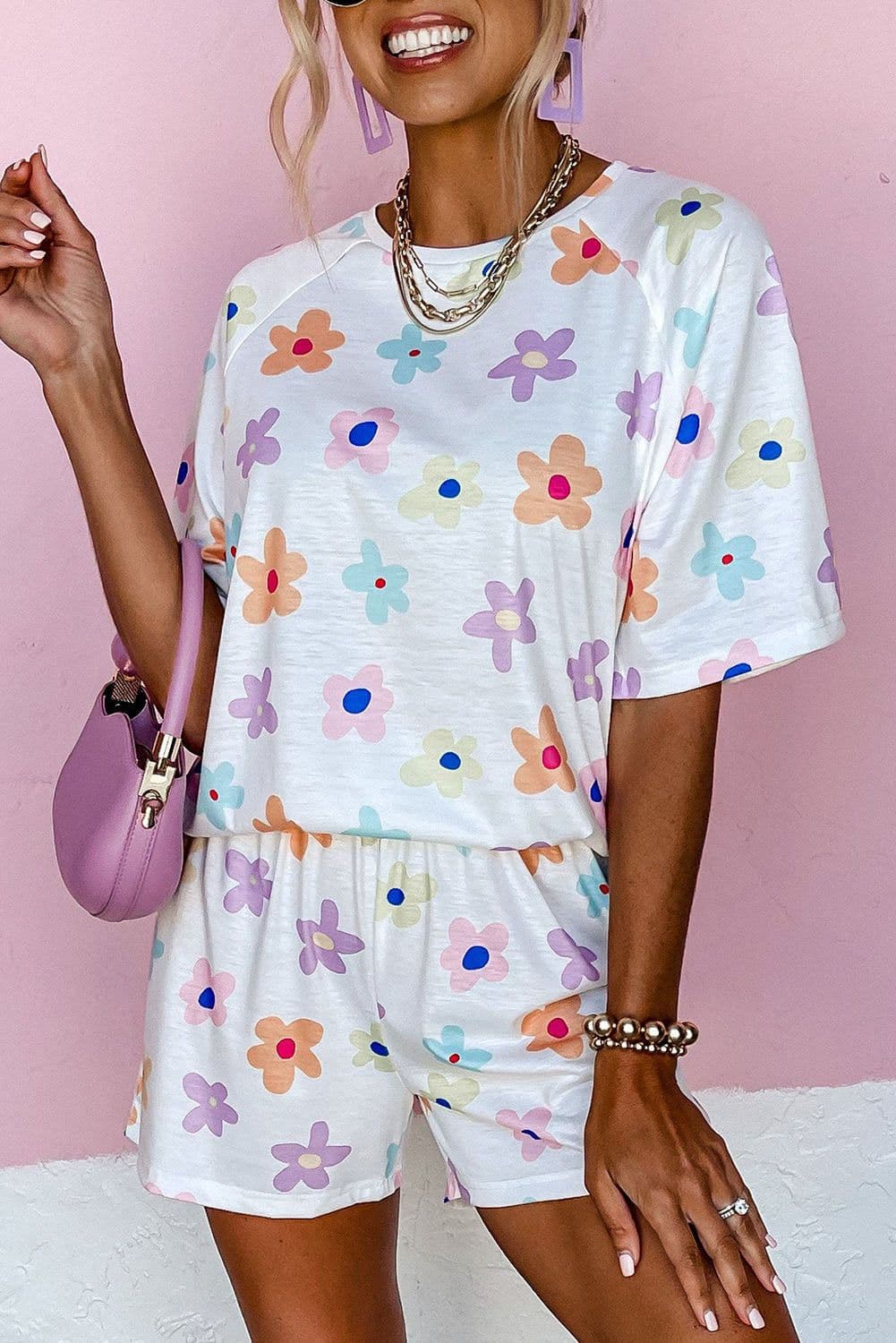 image-Pink Flower Print Short Sleeve High Waist Two Piece Shorts Set