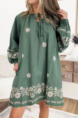 image-Mist Green Tie Neck Boho Floral Puff Sleeve Shift Dress