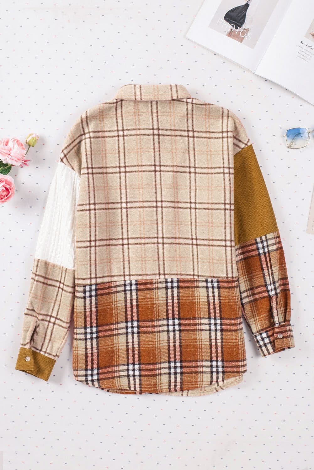 image-Plaid Color Block Patchwork Shirt Jacket - Orange, Sizes S-2XL