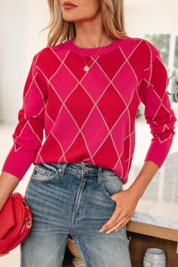 image-Rose Red Glitter Rhombus Pattern Knit Womens Casual Sweater
