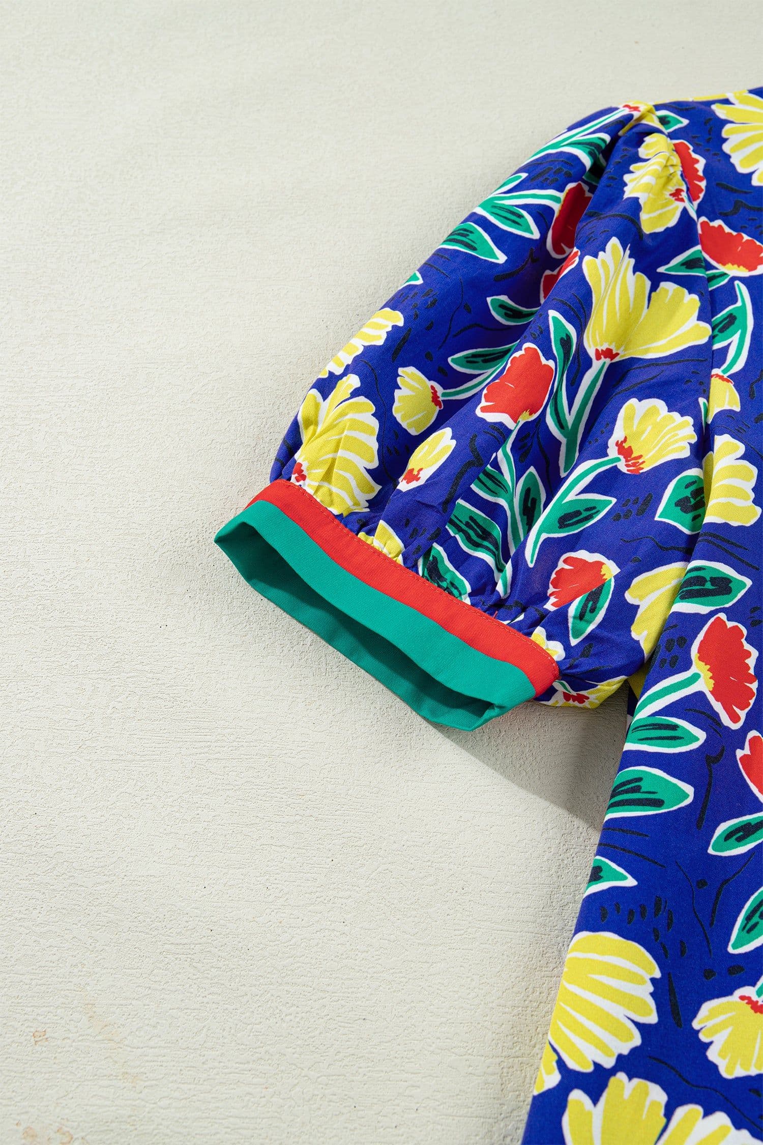 image-Blue Wild Floral Printed Contrast Striped Patchwork V Neck Short Sleeve Blouse