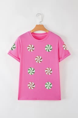 image-Sachet Pink Sequined Peppermint Christmas T Shirt