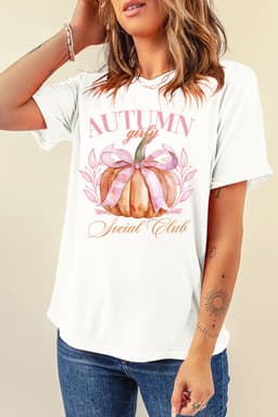 image-Women's Thanksgiving T-Shirt - White Pumpkin Bowknot Graphic