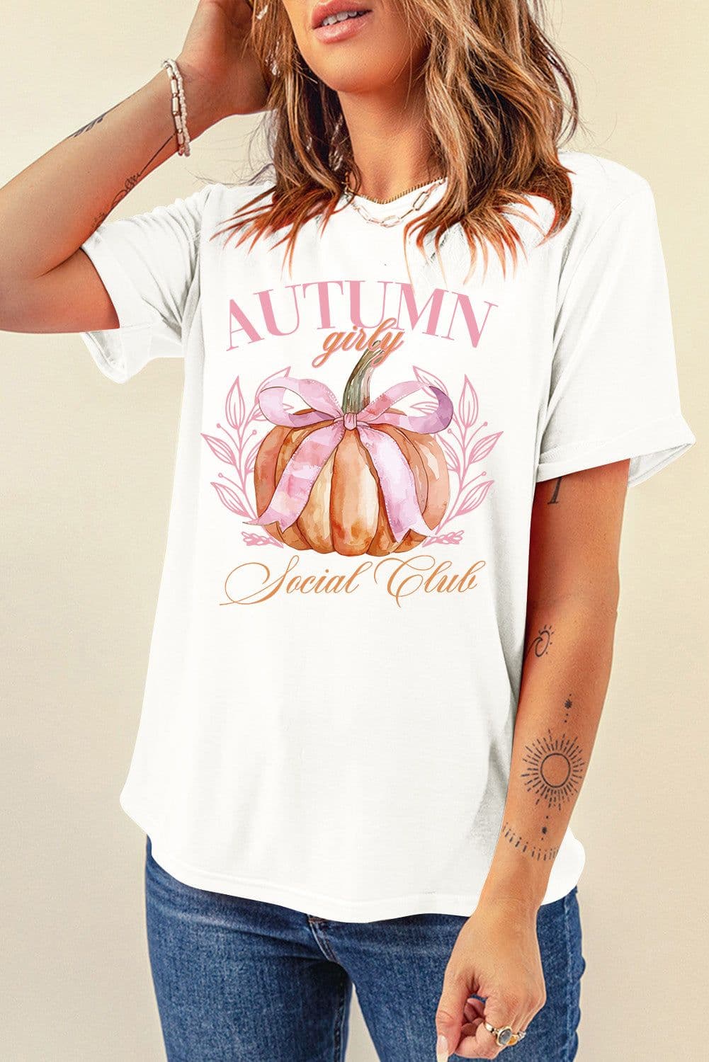 image-Women's Thanksgiving T-Shirt - White Pumpkin Bowknot Graphic