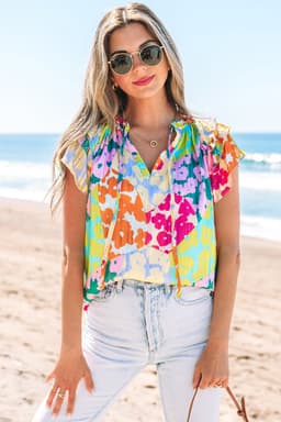 image-Leopard Flutter Sleeve V Neck Crinkled Blouse - Multicolour