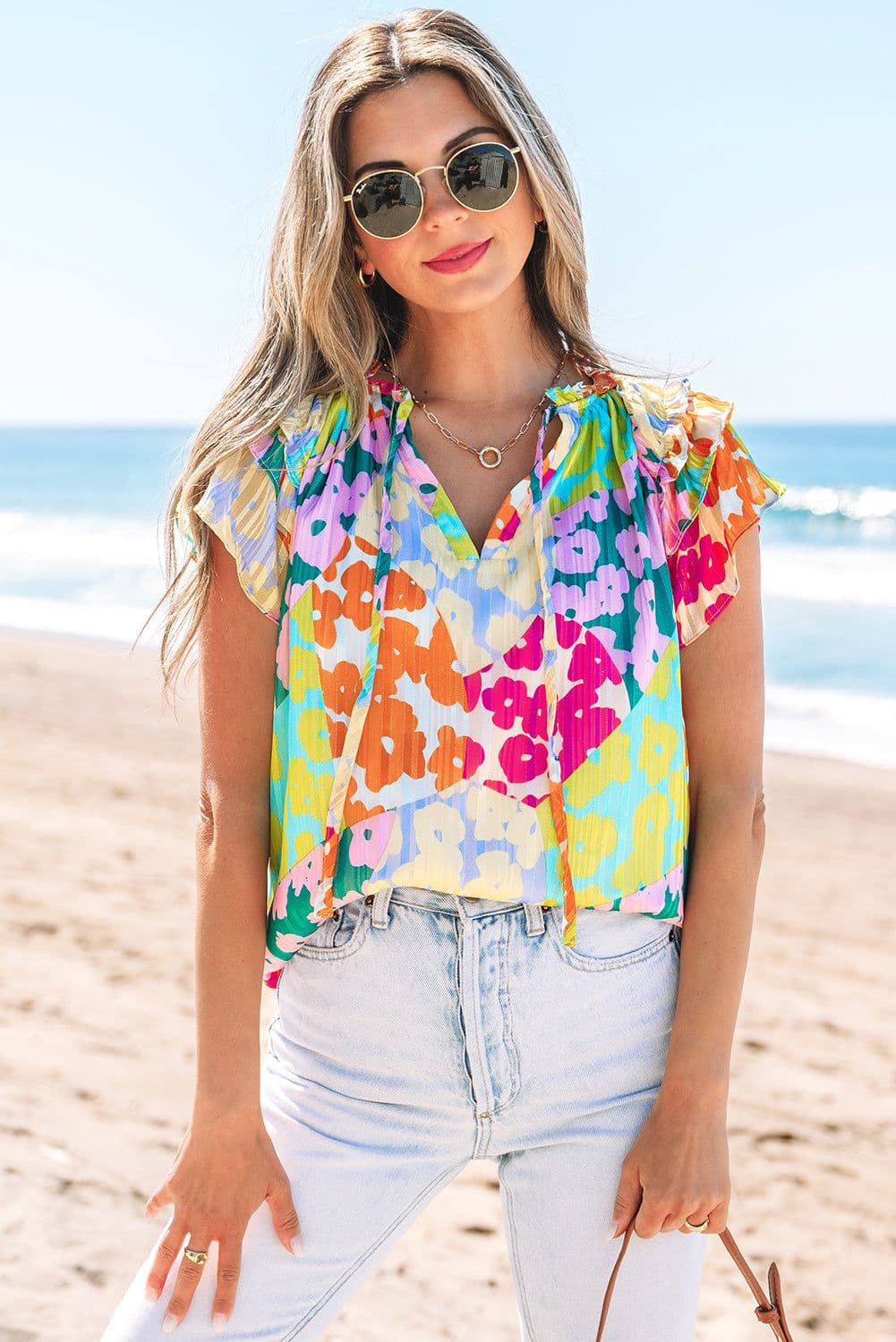 image-Leopard Flutter Sleeve V Neck Crinkled Blouse - Multicolour