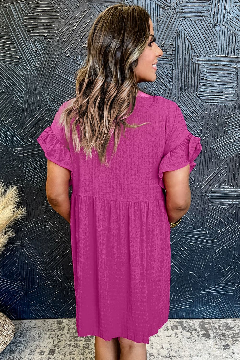 image-Rose Red Ruffled Short Sleeve Mini Dress - Textured Fabric, Sizes S-XL