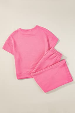 image-Strawberry Pink Textured Loose Fit T Shirt and Drawstring Pants Set