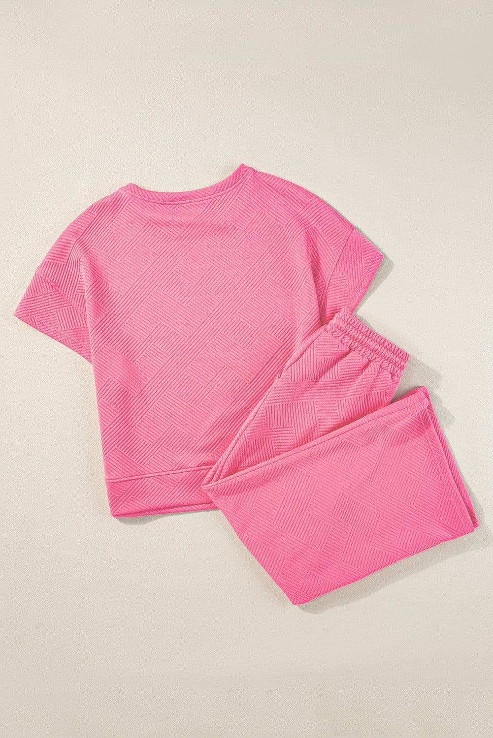 image-Strawberry Pink Textured Loose Fit T Shirt and Drawstring Pants Set
