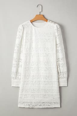 image-White Lace Crochet Puff Sleeve Shift Mini Dress