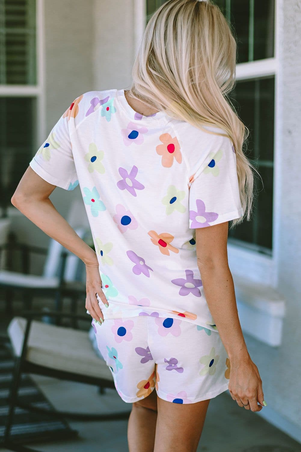 image-Pink Flower Print Short Sleeve High Waist Two Piece Shorts Set