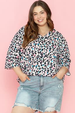 image-Brown Leopard Print V Neck Batwing Sleeve Top