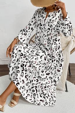 image-White Leopard Print Maxi Dress V-Neck Loose Fit Elegant Tiered Design