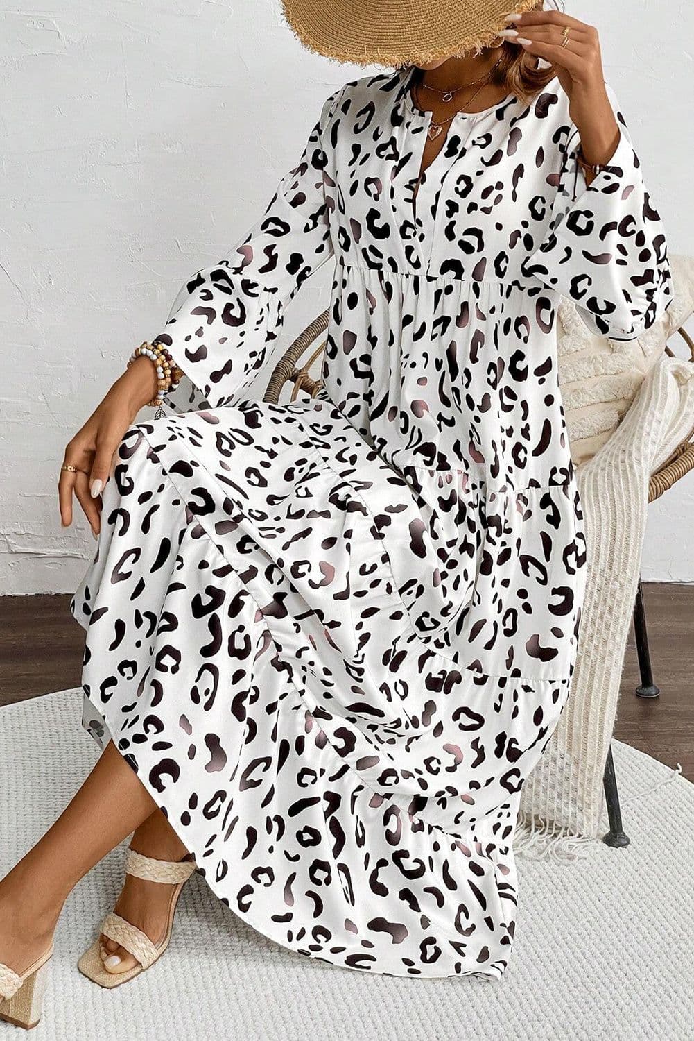 image-White Leopard Print Maxi Dress V-Neck Loose Fit Elegant Tiered Design