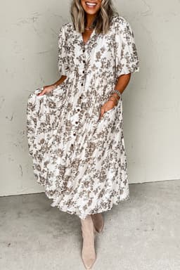 image-Khaki Floral Puff Sleeve V Neck Maxi Dress