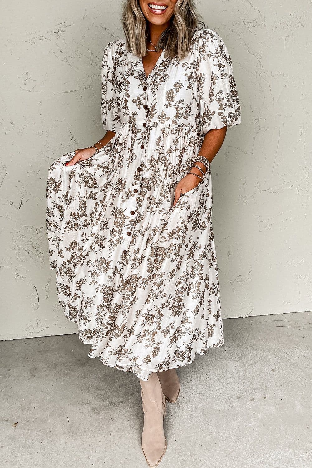 image-Khaki Floral Puff Sleeve V Neck Maxi Dress