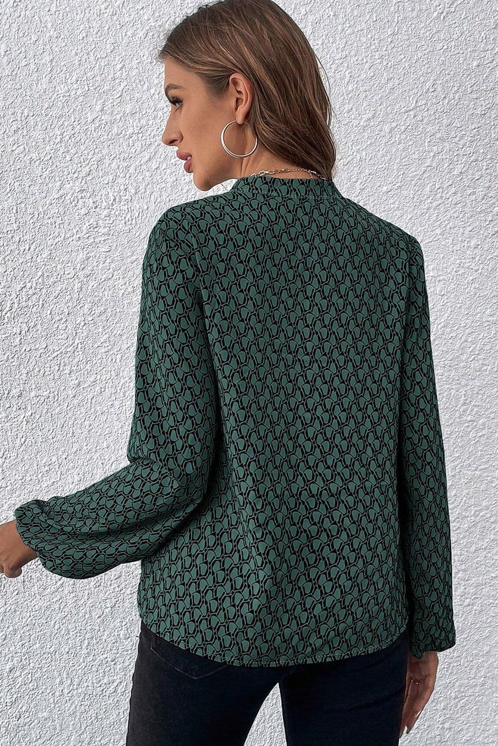 image-Geometric Print Notched Neck Puff Sleeve Blouse - Khaki