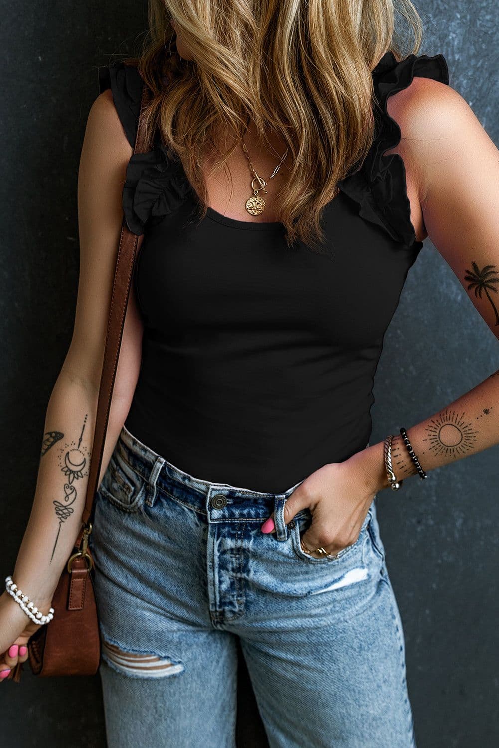 image-Black Ruffled Wide Straps Slim Tank Top