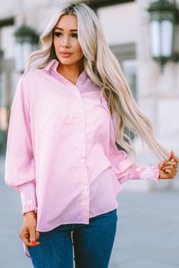 image-Sky Blue Striped Boyfriend Shirt with Pocket - Smocked Cuffs