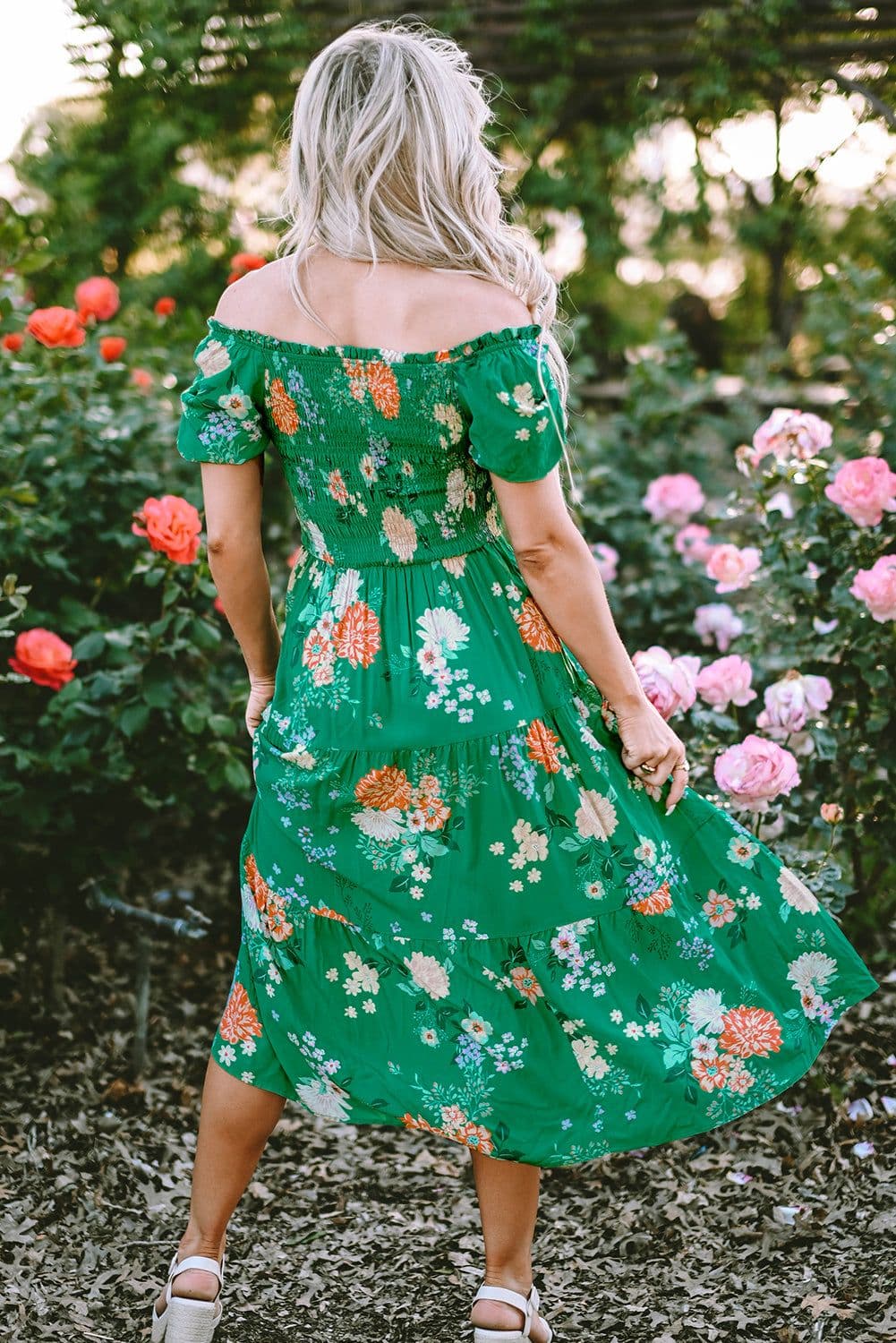 image-Floral Print Bubble Sleeve Midi Dress - Tiered Smocked Design (59 characters)