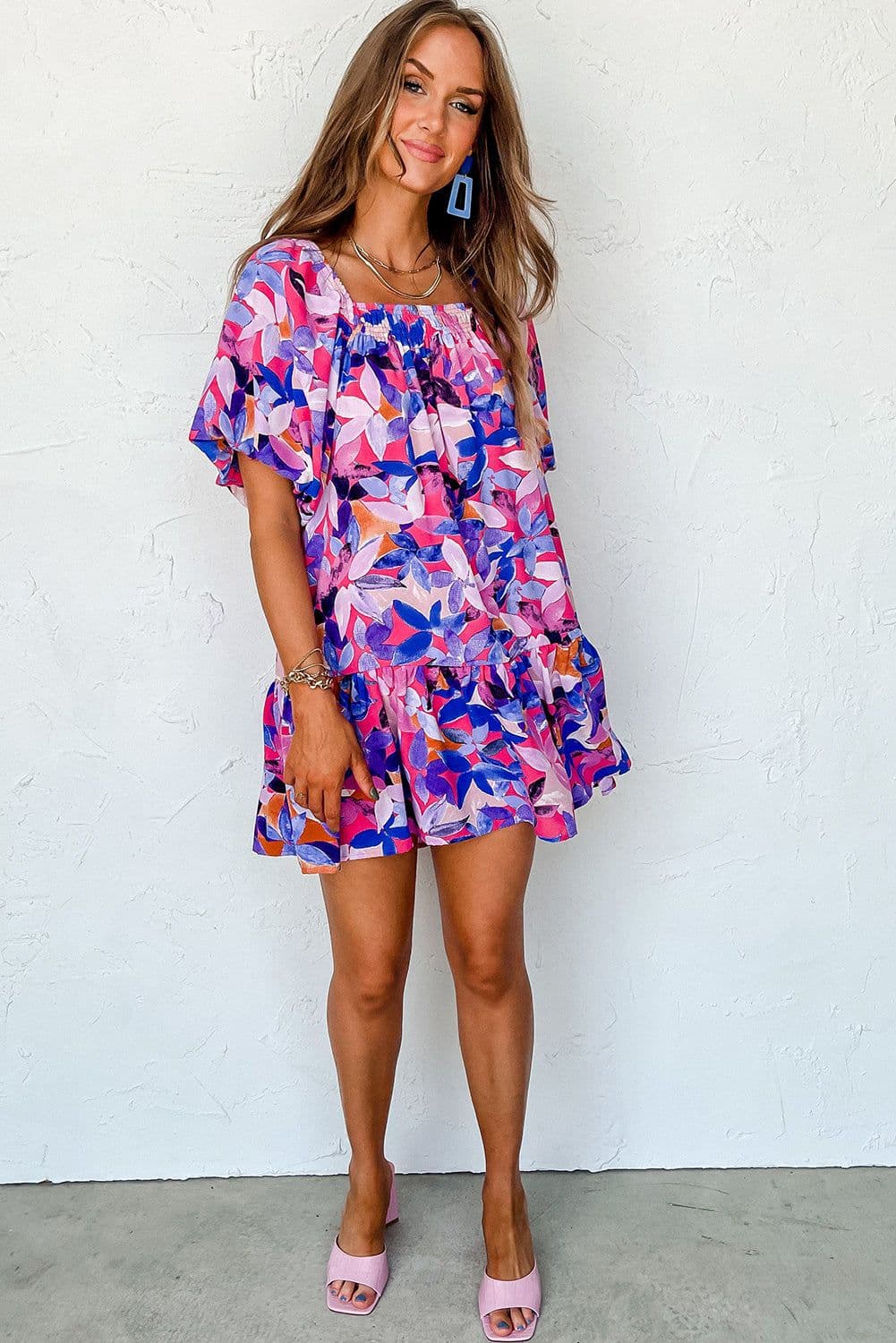 image-Purple Ruffled Short Sleeve Floral Print Dress - Sizes Available (59 characters)