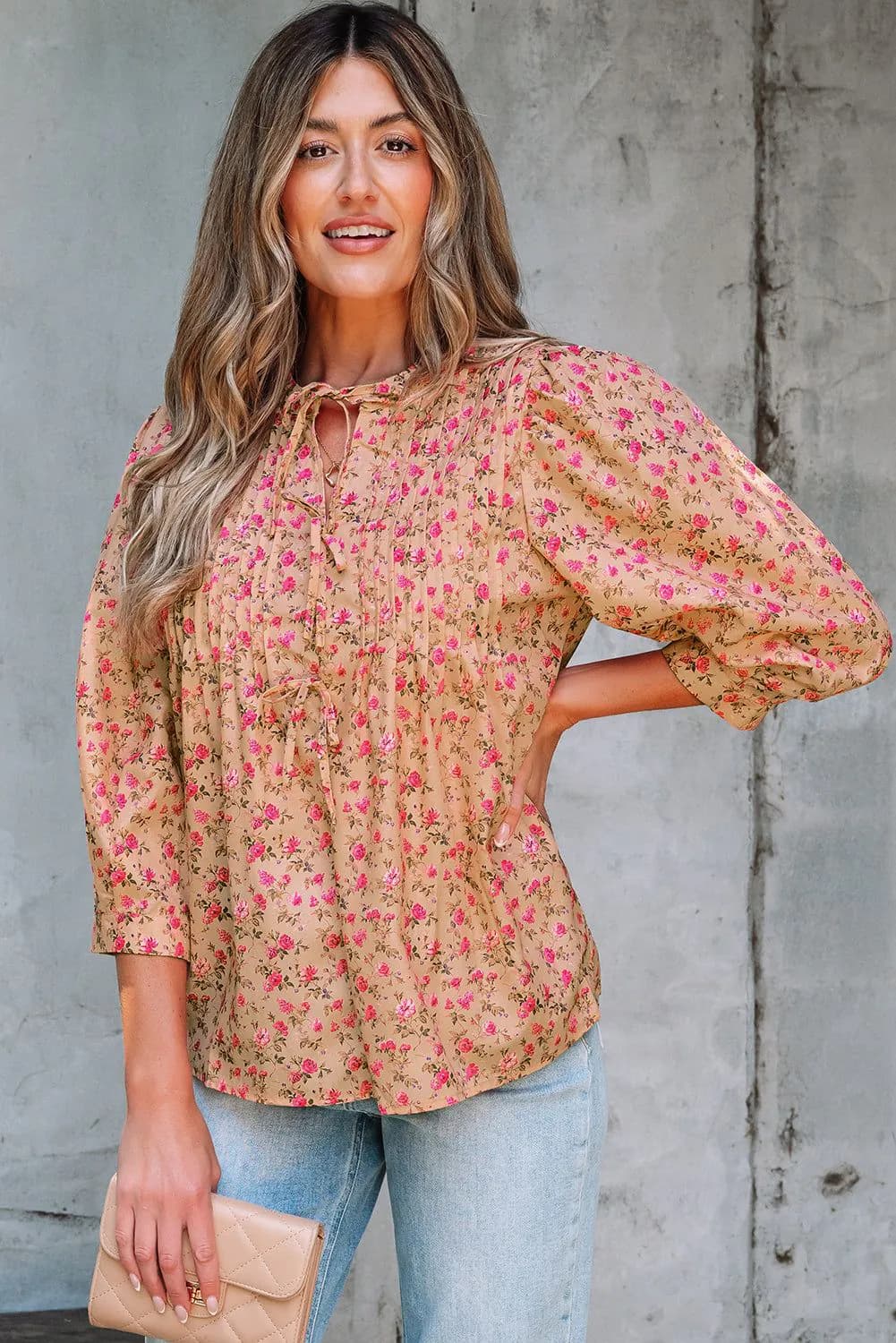 image-Light French Beige Floral Blouse - Bow Pintuck