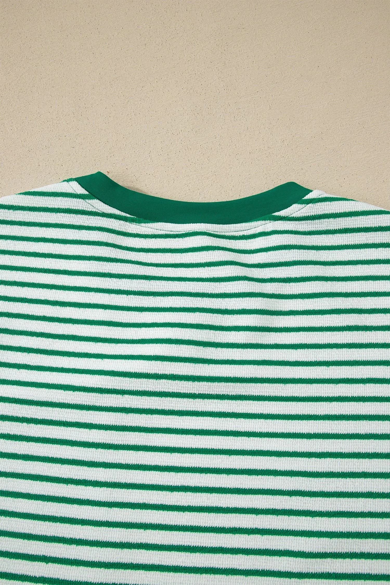 image-Khaki Stripe Crew Neck Tee Drawstring Waist Cropped Pants Set