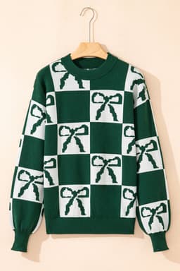 image-Blackish Green Checkered Bow Print Casual Sweater