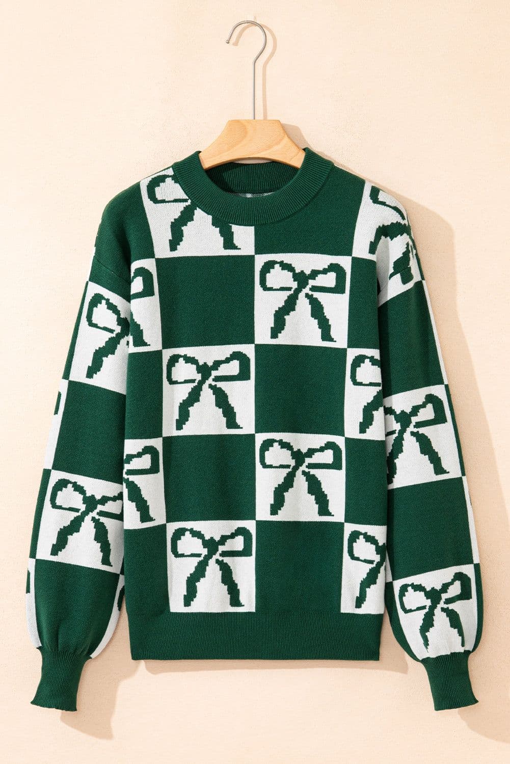 image-Blackish Green Checkered Bow Print Casual Sweater