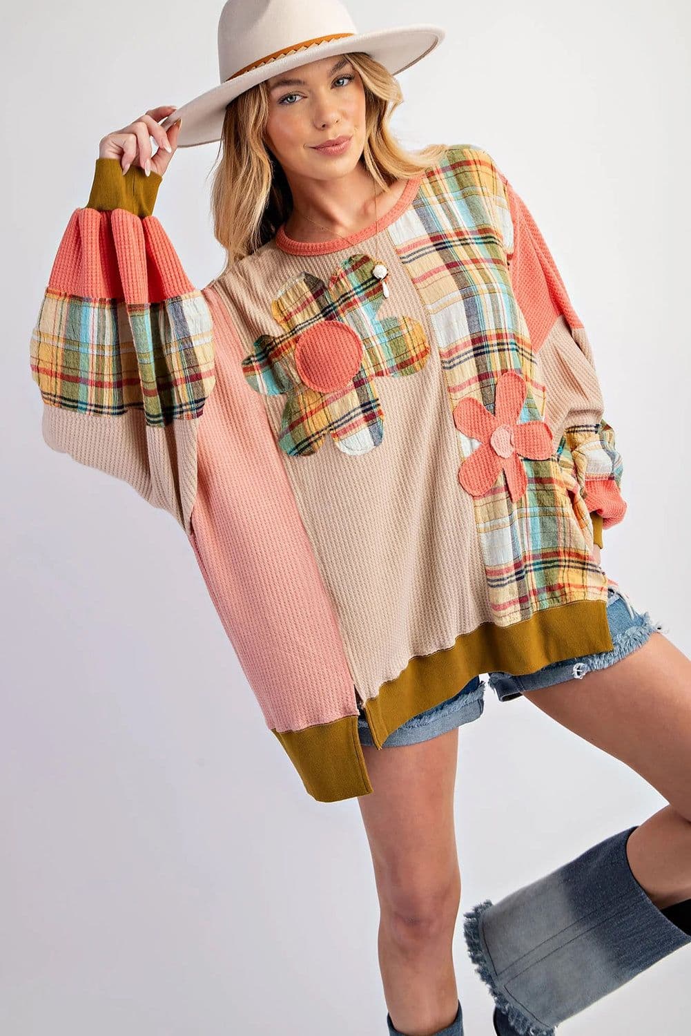 image-Plaid Patchwork Side Slits Loose Multicolour Sweatshirt