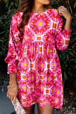 image-Strawberry Pink Geometric Print Smocked Long Sleeve Mini Dress