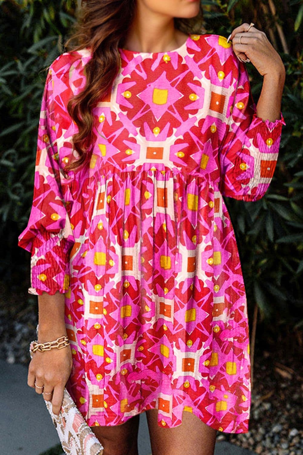 image-Strawberry Pink Geometric Print Smocked Long Sleeve Mini Dress