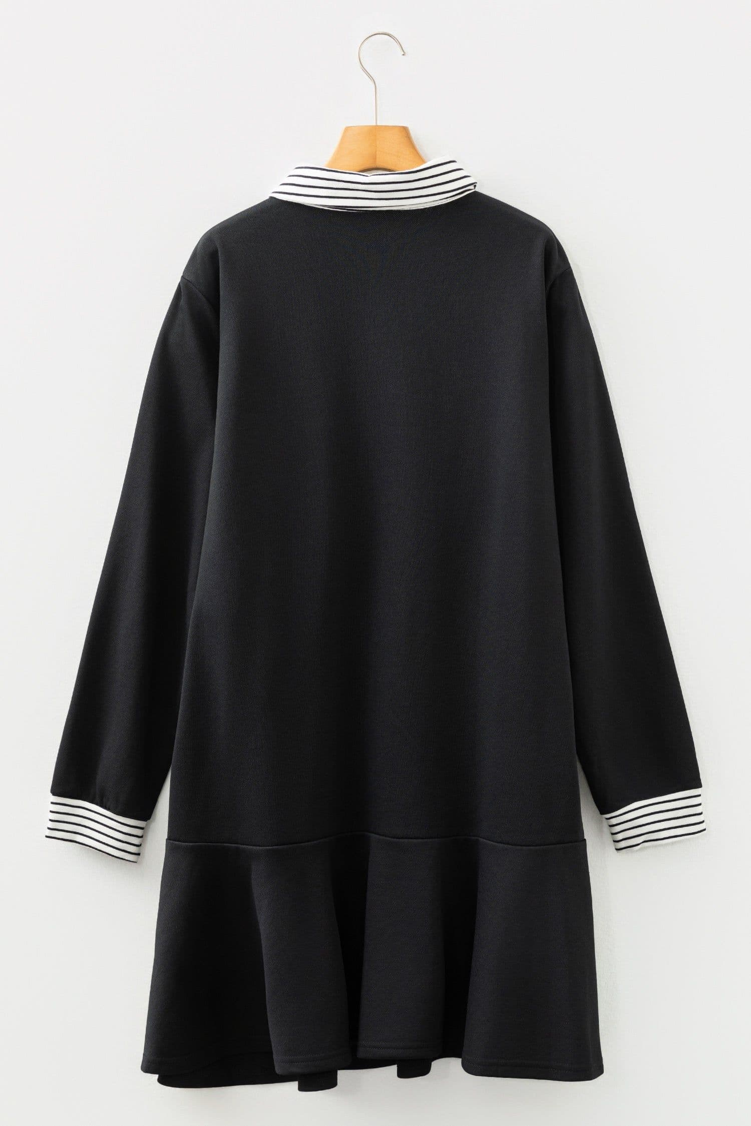 image-Black Plus Size Striped Polo Dress - Patchwork Ruffle Hem