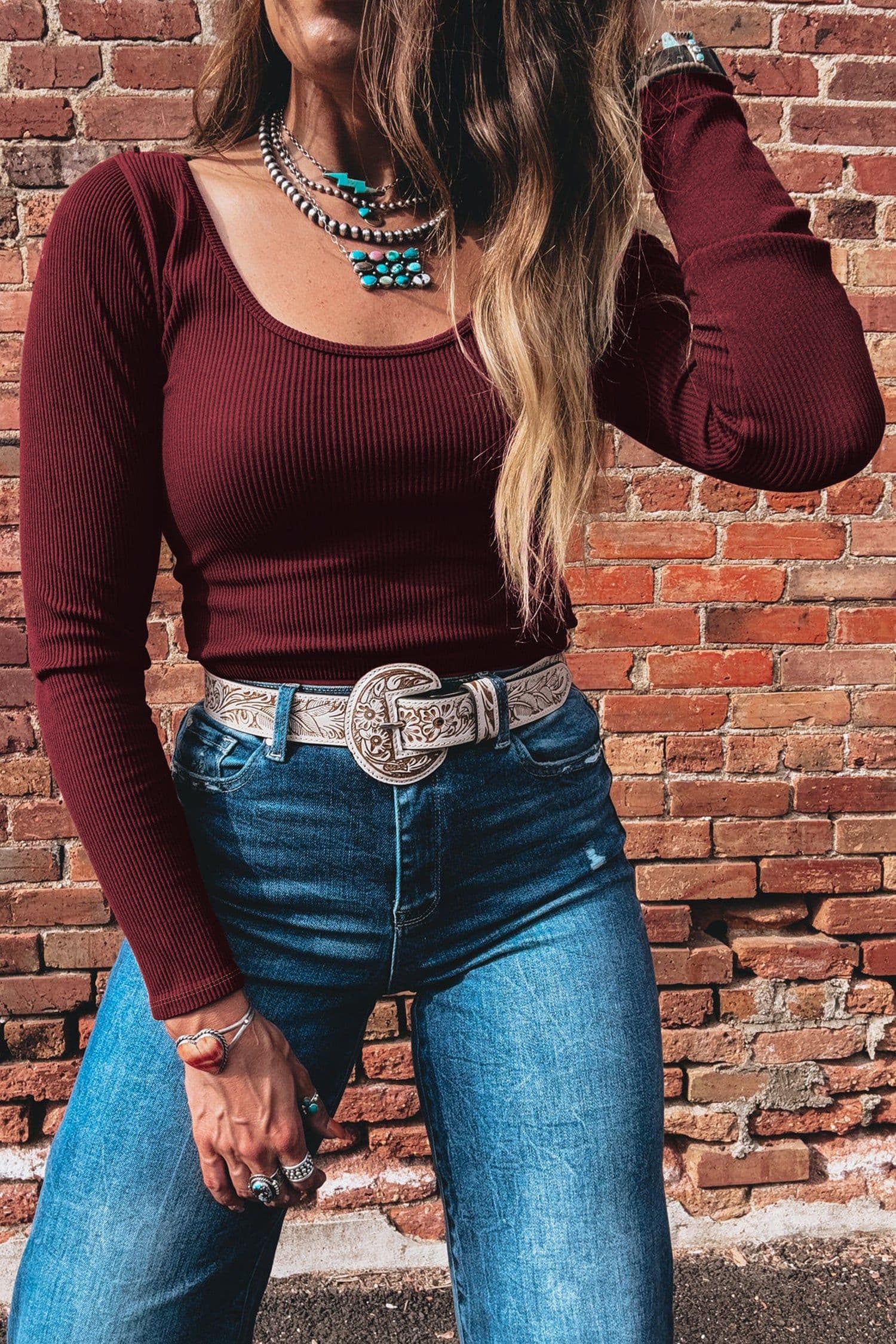 image-Coffee Ribbed U Neck Cropped Long Sleeve Top