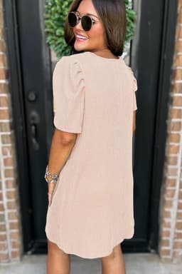 image-Bright Pink Corded Knit Puff Sleeve Mini Dress