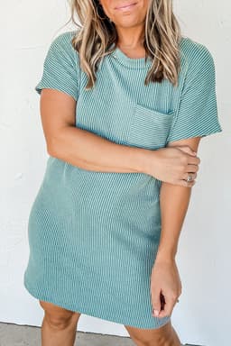 image-Blue Striped Ribbed Knit T-Shirt Shift Dress, Size Chart, Loose Fit, Fashionable Patch Pocket