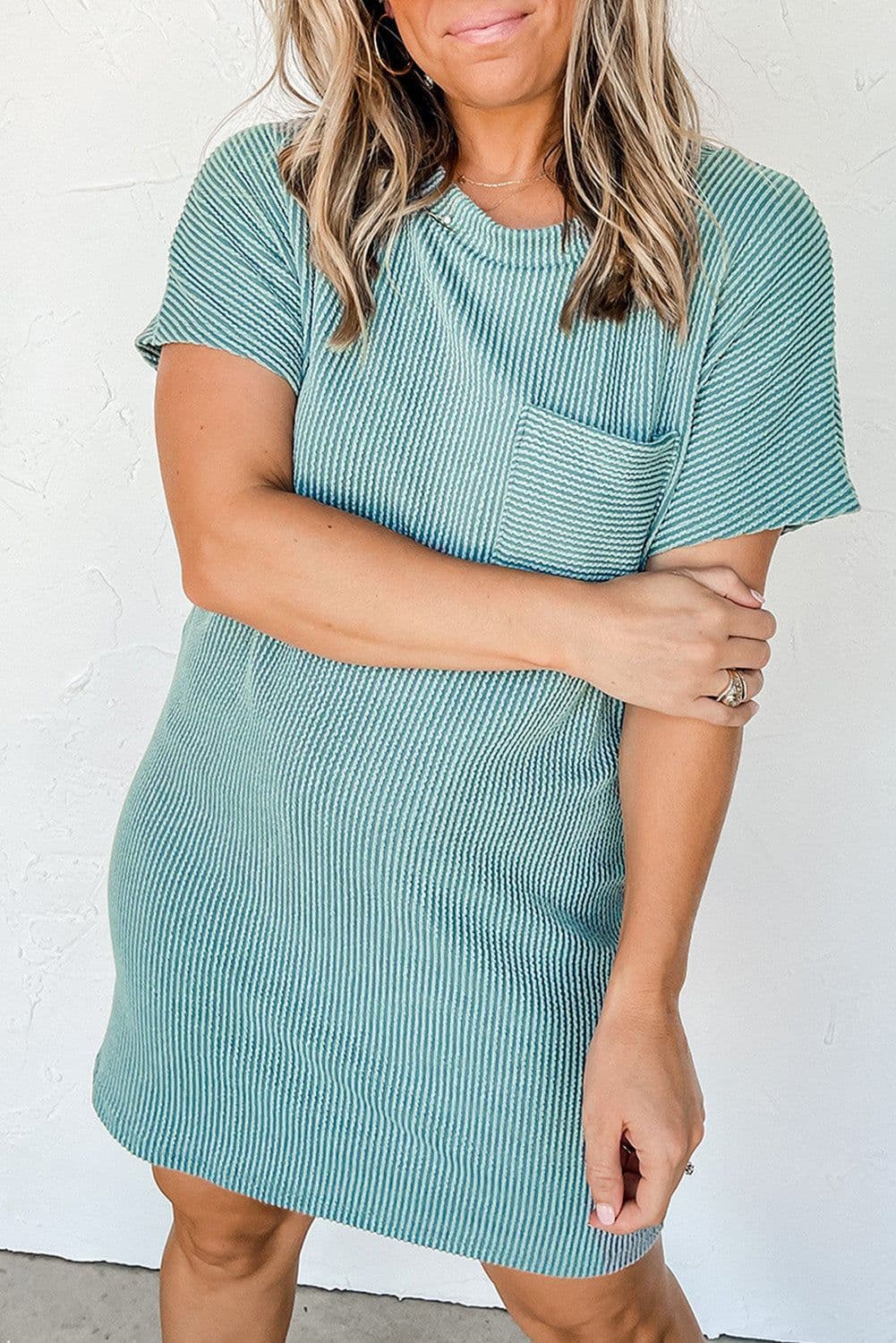 image-Blue Striped Ribbed Knit T-Shirt Shift Dress, Size Chart, Loose Fit, Fashionable Patch Pocket