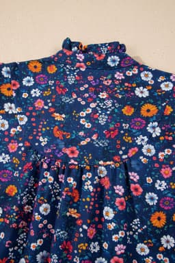 image-Blue Wild Daisy Floral Split Neck Short Puff Sleeve Mini Dress