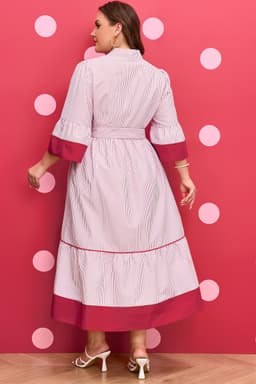 image-Red Stripe Plus Size Ruffled Hem Midi Dress