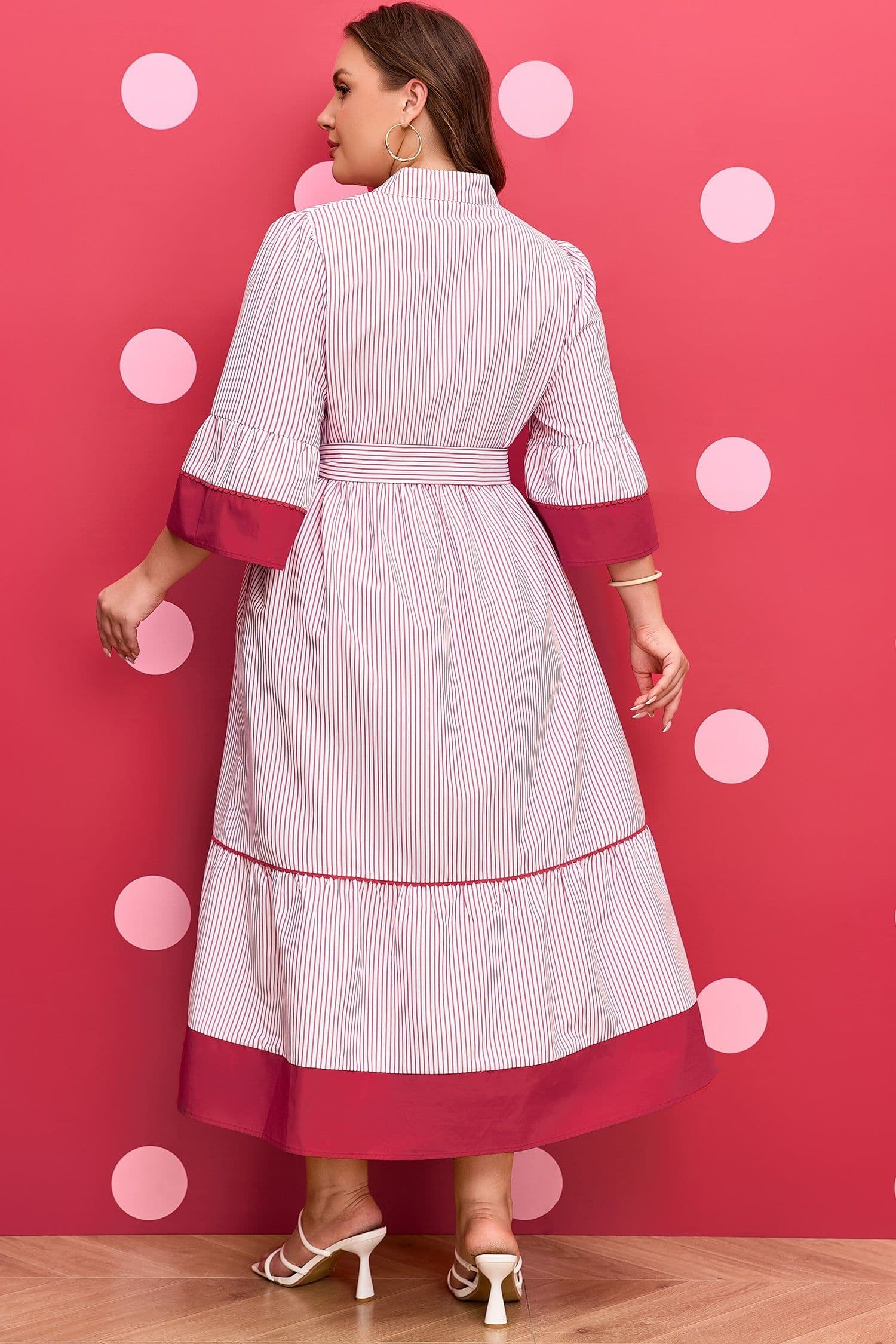image-Red Stripe Plus Size Ruffled Hem Midi Dress